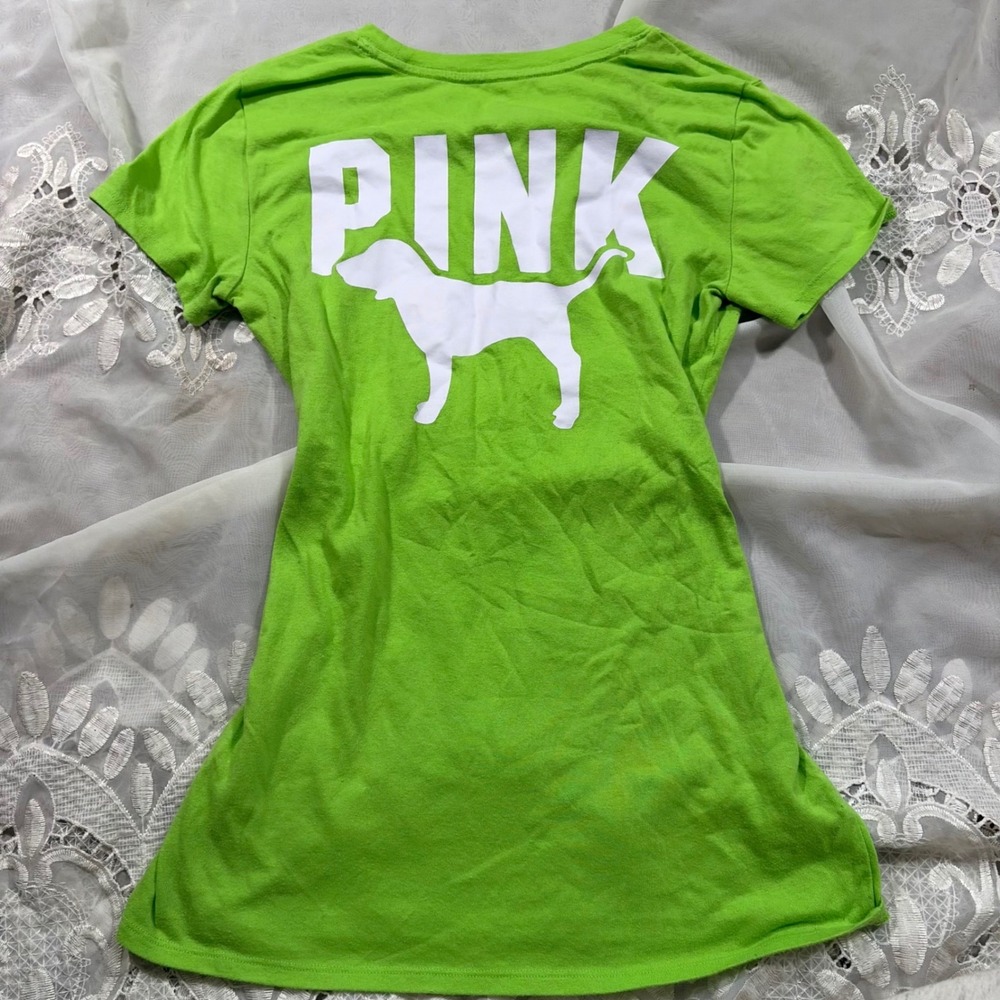 Y2K RARE Victorias Secret PINK Lime Green Dog Logo Short Sleeve T-Shirt XS